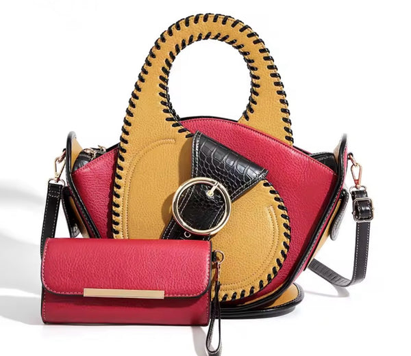 Women Fashion Color Patchwork Buckled Leather Wallet Purse Se