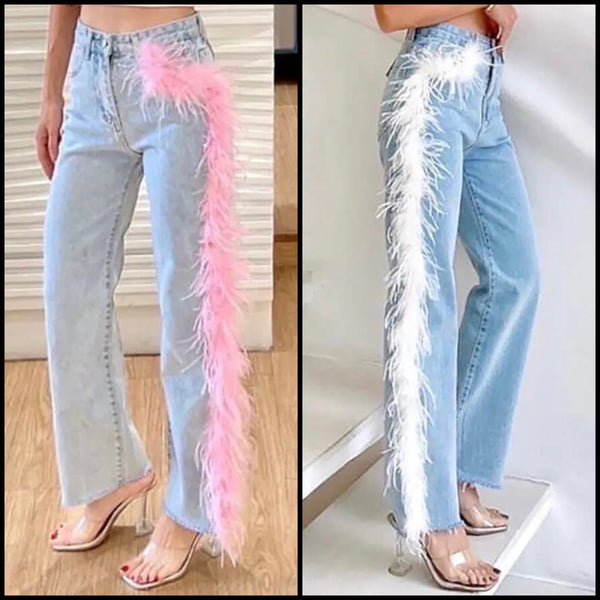 Women Fashion Faux Fur Patchwork Denim Pants