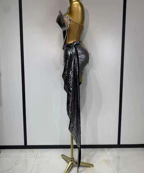 Women Sexy Strapless Rhinestone  Acrylic Two Piece Skirt Set