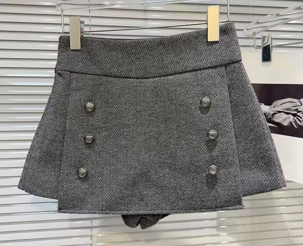 Women Color Fashion Button Tweed Wrap Shorts