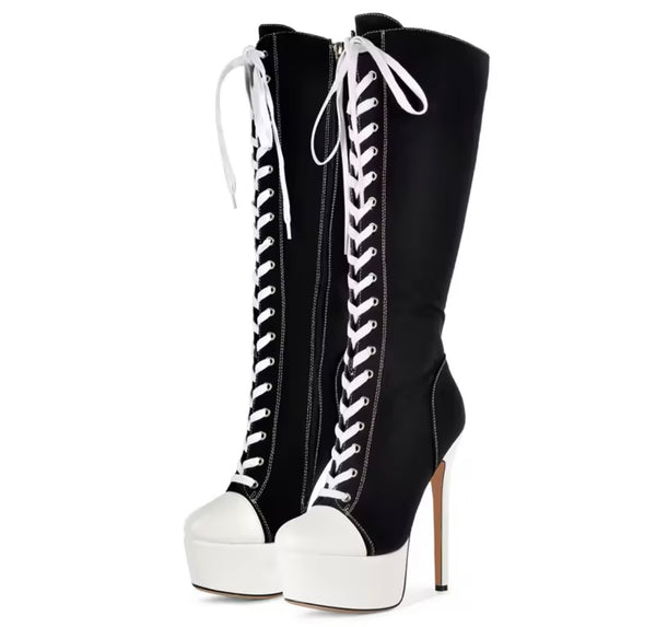 Women Fashion Color Patchwork Platform Tie Up Knee High Boots
