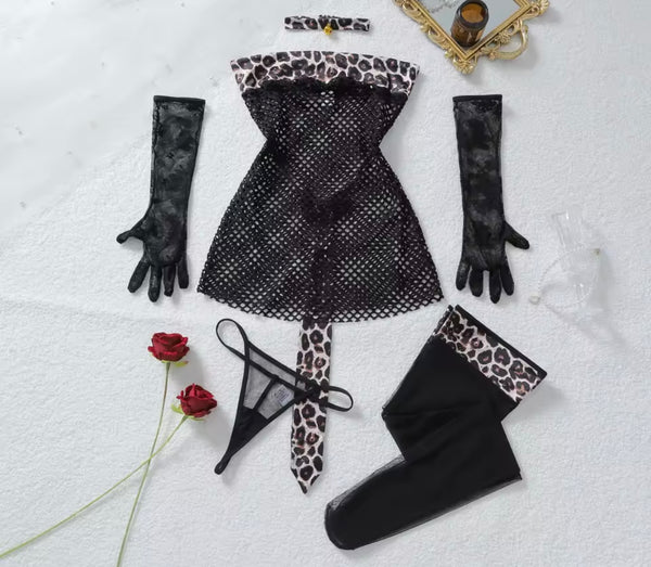 Women Choker Strapless See Through Leopard Print Lingerie Set