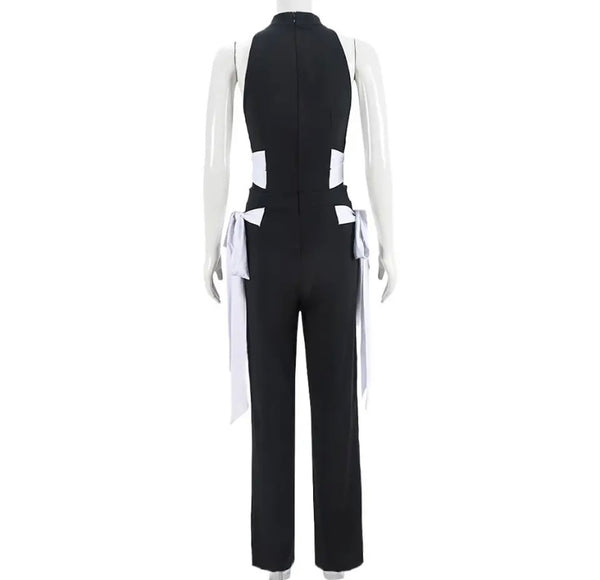 Women Black Sleeveless Sexy Side Tie Up Jumpsuit