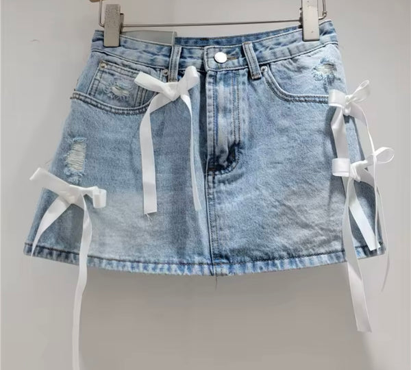 Women Sexy Fashion Bow Patchwork Denim Skirt