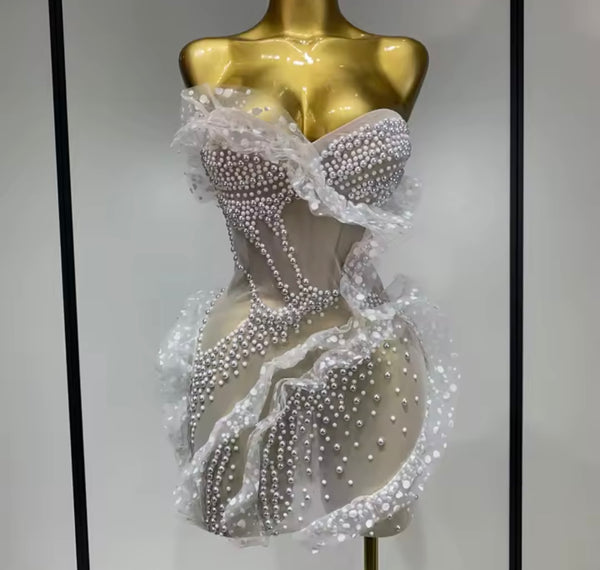 Women White Sexy Strapless Pearl Ruffle Mesh Dress