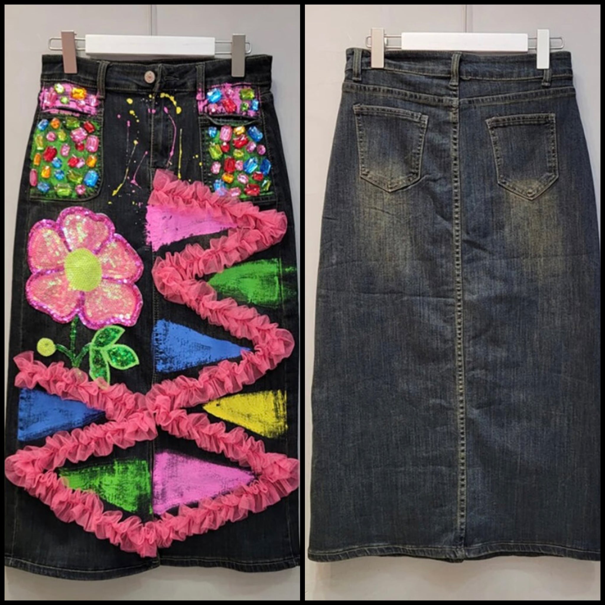 Women Colorful Print Gem Maxi Denim Skirt