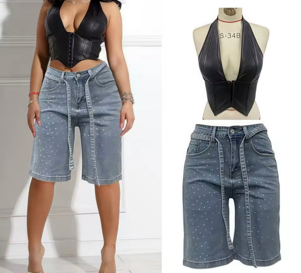 Women Fashion Faux Leather Halter Two Piece Bling Denim Short Set