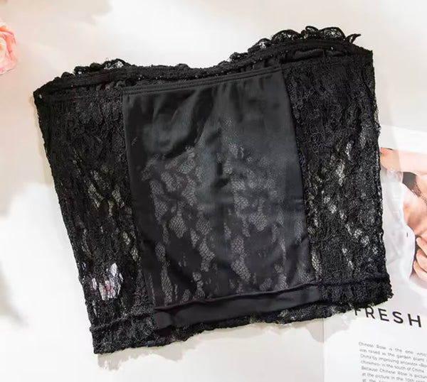 Women Sexy Strapless Black Lace Crop Top