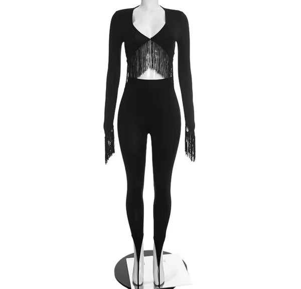 Women Fringe Tassel Full Sleeve Fashion Two Piece Pant Set
