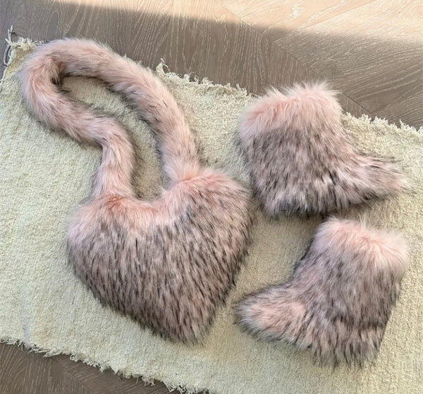 Women Fashion Faux Fur Ankle Boots Heart Handbag Set