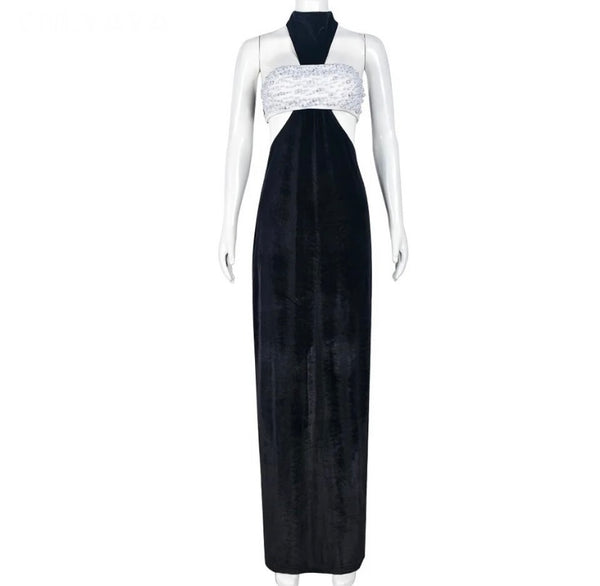 Women Sexy B&W Halter Sleeveless Pearl Velour Maxi Dress