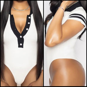 Women Fashion Button Up Short Sleeve B&W Bodysuit Top