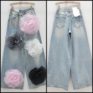 Women Fashion Rhinestone Tassel Colorful Floral Denim Pants