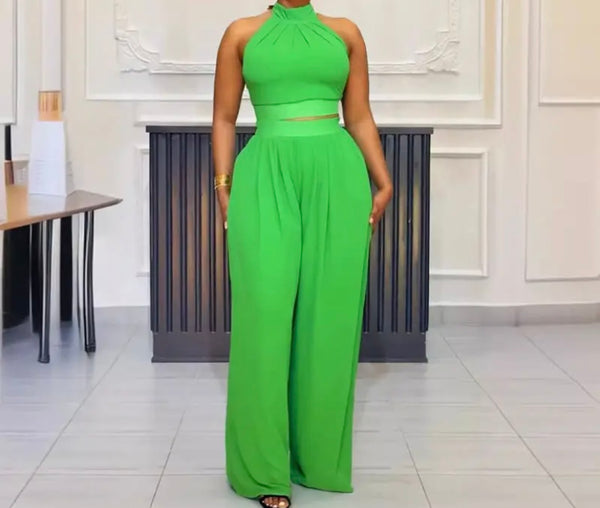Women Solid Color Sleeveless Crop Two Piece Wide Leg Pant Set