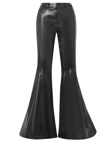 Women Fashion Black PU Wide Leg Pants