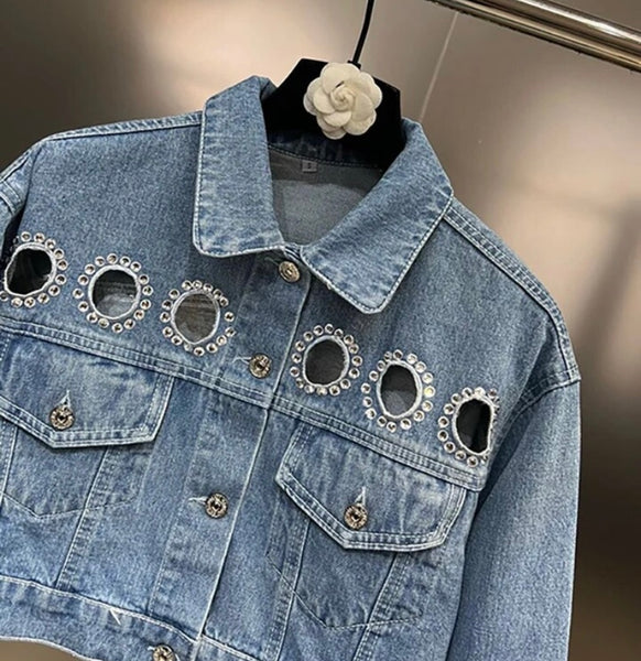 Women Fashion Cut Out Rhinestone Patchwork Denim Jacket