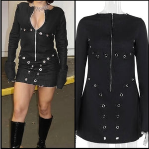 Women Sexy Black Zip Up Rivet Full Sleeve Dress
