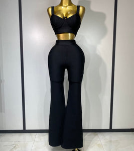 Women Color Sleeveless Sexy Crop Two Piece Pant Set