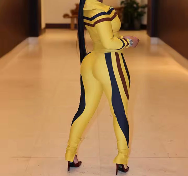 Women Striped Zip Up Full Sleeve Tracksuit Two Piece Pant Set