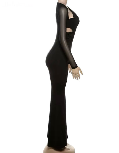 Women Sexy Black Cut Out Full Sleeve Maxi Dress