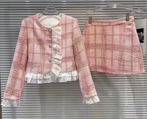 Women Pink Plaid Ruffled Blazer Two Piece Tweed Skirt Set