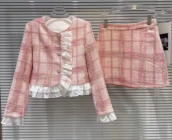 Women Pink Plaid Ruffled Blazer Two Piece Tweed Skirt Set