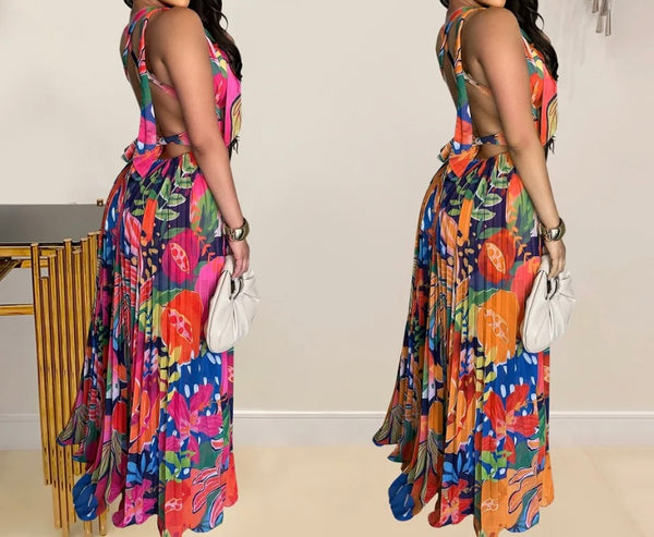 Women Sexy Sleeveless Multicolored Print Maxi Dress