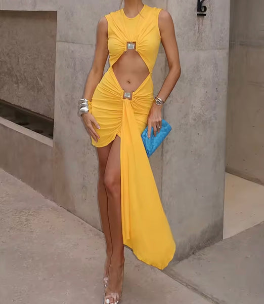 Women Sexy Yellow Sleeveless Cut Out Ruched Tassel Dress