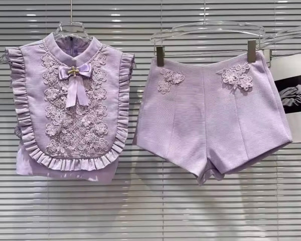 Women Bow Ruffled Lace Sleeveless Two Piece Short Set