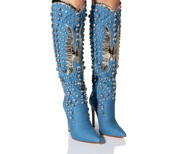 Women Fashion Denim Rivet Western High Heel Boots