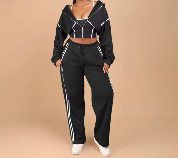 Women Fashion Striped Hooded Two Piece Tracksuit Pant Set