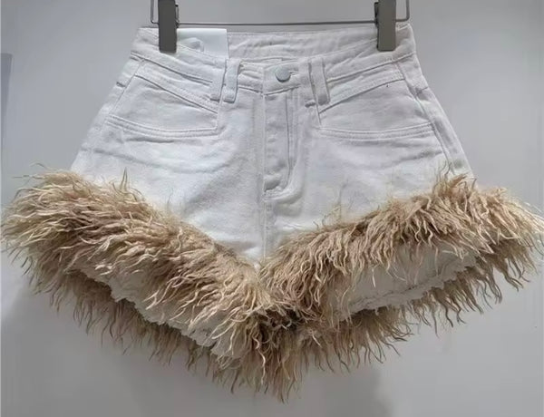 Women Fashion Fur Patchwork Denim Shorts