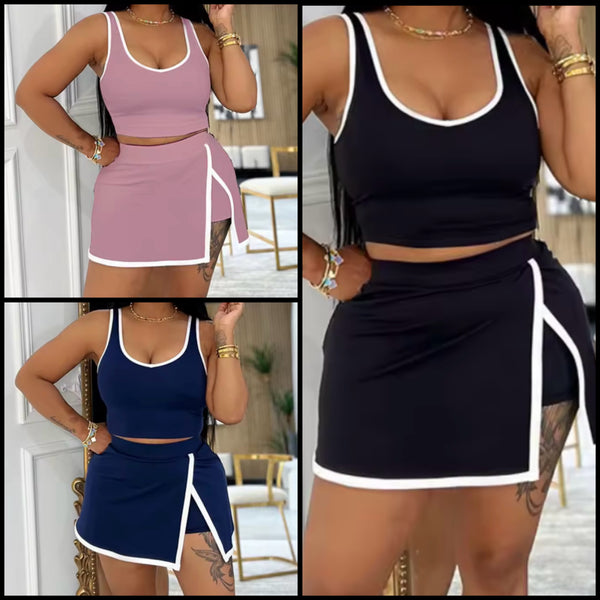Women Two Piece Sleeveless Color Patchwork Skirt Set