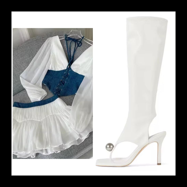 Women Fashion Metal Ball Open Toe Knee High Boots