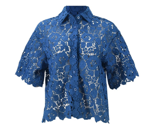 Women Sexy Fashion Blue Lace Short Sleeve Button Up Top