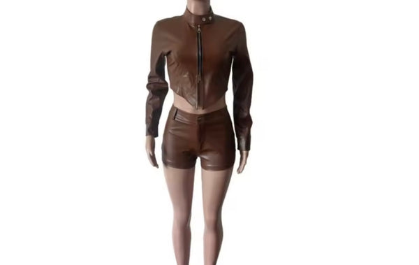 Women Color Fashion Faux Leather Jacket Two Piece Short Set