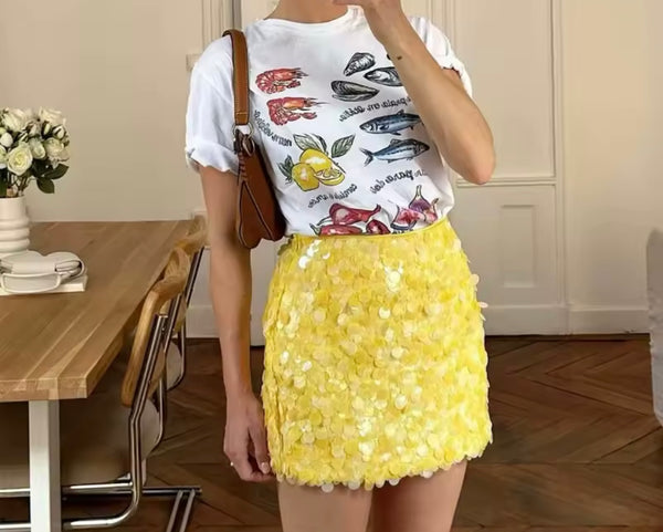 Women Sexy Fashion Yellow Sequins Skirt