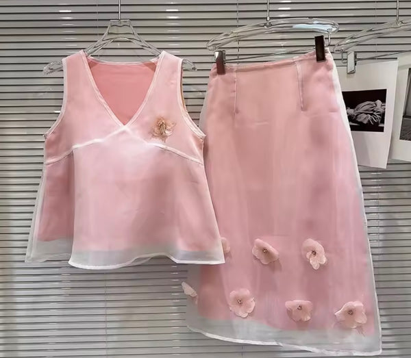 Women Sexy Sleeveless Pink 3D Floral Two Piece Skirt Set