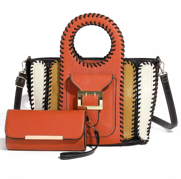 Women Fashion Color Patchwork Buckled Wallet Purse Set