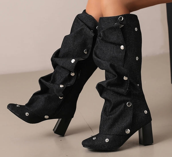 Women Fashion Suede/Denim Button Knee High Boots