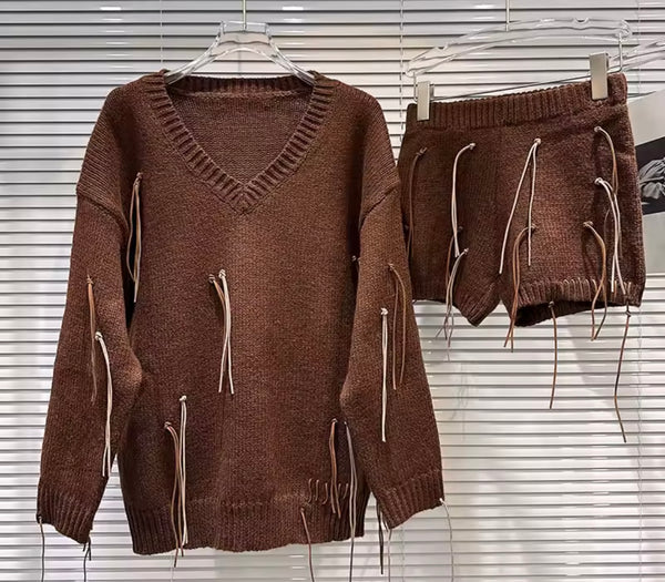 Women Fashion Color Fringe Full Sleeve Sweater Two Piece Short Set