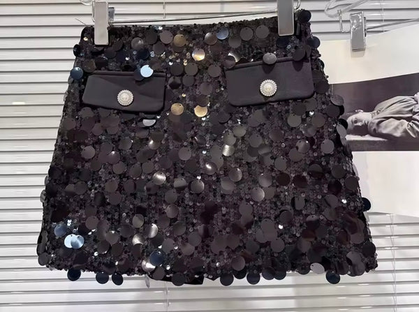 Women Sequins Patchwork Pocket Sexy Skirt