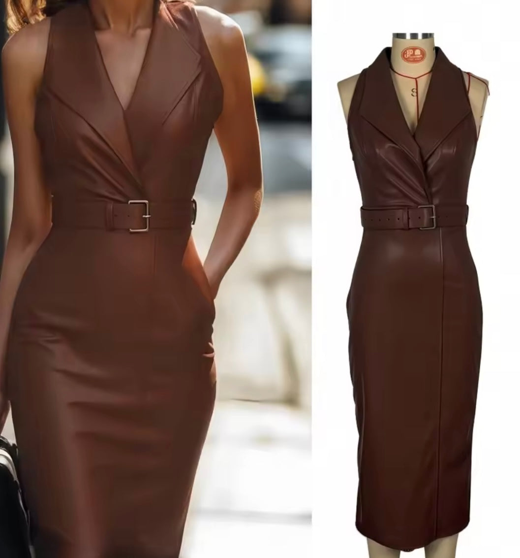 Women Sleeveless Brown Faux Leather Buckled Sexy Dress