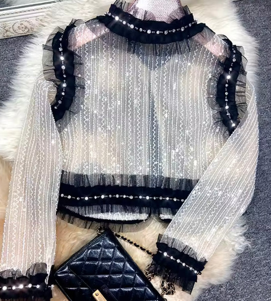 Women B&W Beaded Rhinestone See Through Mesh Jacket