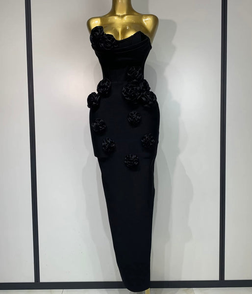 Women Strapless 3D Floral Sexy Bandage Maxi Dress