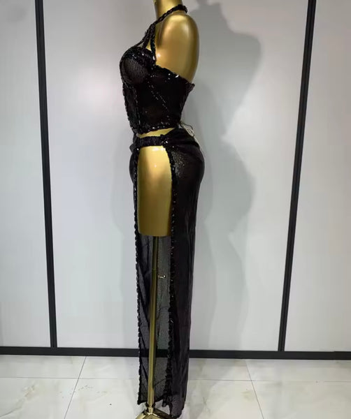 Women Sexy Halter Sleeveless Sequins Crystal Two Piece Maxi Skirt Set