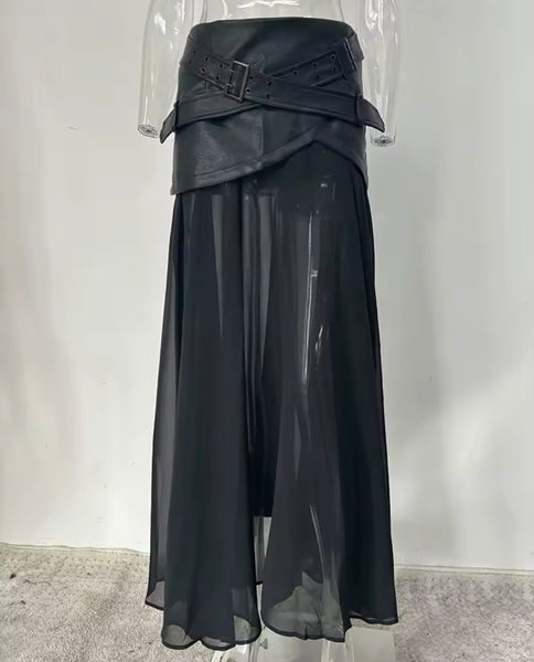 Women Black Zip Up Faux Leather Patchwork Two Piece Maxi Skirt Set