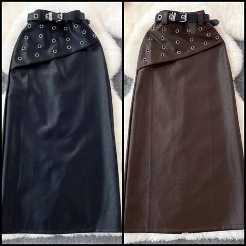 Women Solid Color Fashion Faux Leather Maxi Skirt