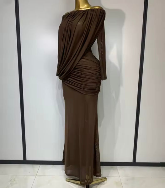 Women Off The Shoulder Ruched Full Sleeve Sexy Maxi Dress