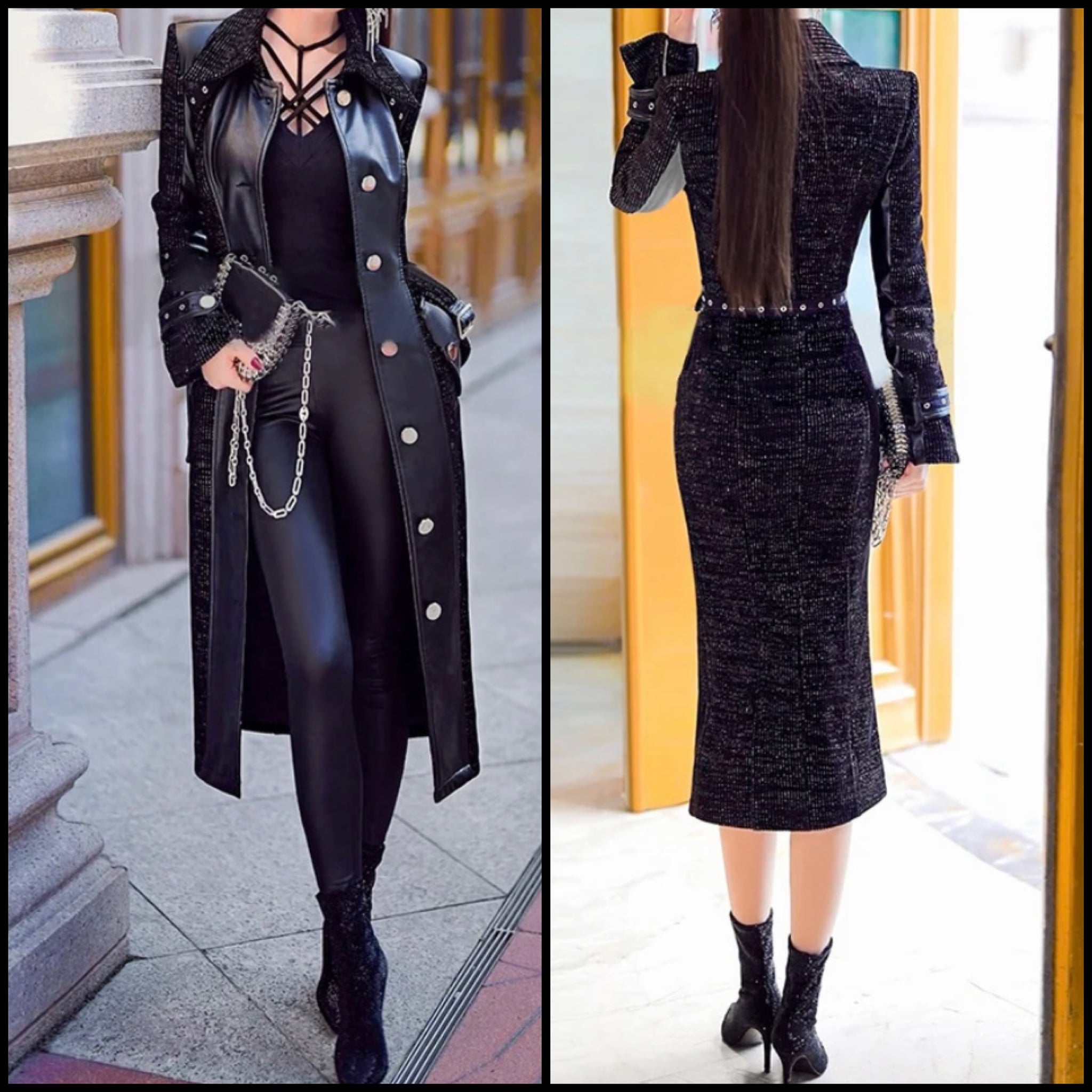Women Fashion Black Faux Leather Platform Trench Jacket